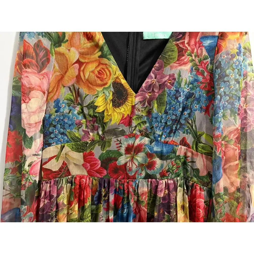 Toleen Dress Womens Medium Floral Babydoll Ruffles Boho Peasant Maxi Sheer L/S - Picture 2 of 9